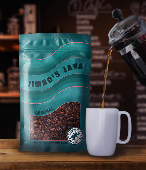 Jimbo's Java stand-up coffee pouch being poured into a white mug