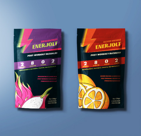 Two black stand-up pouches labeled ENERJOLT Post-Workout Recovery in dragonfruit and blood orange flavors, side by side against a blue background.